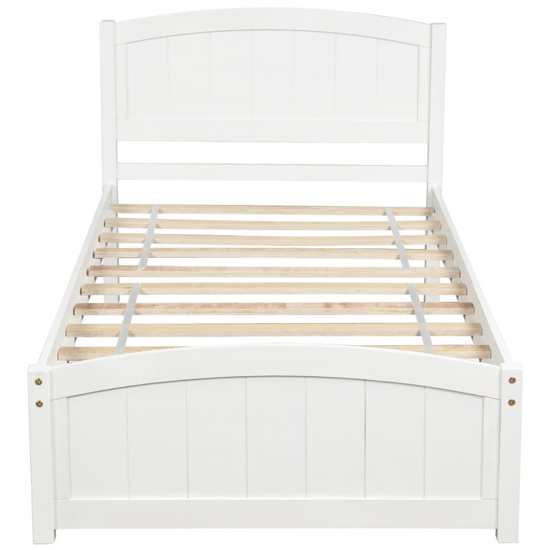 Lit plateforme en bois avec tête de lit, pied de lit et lattes de bois, blanc