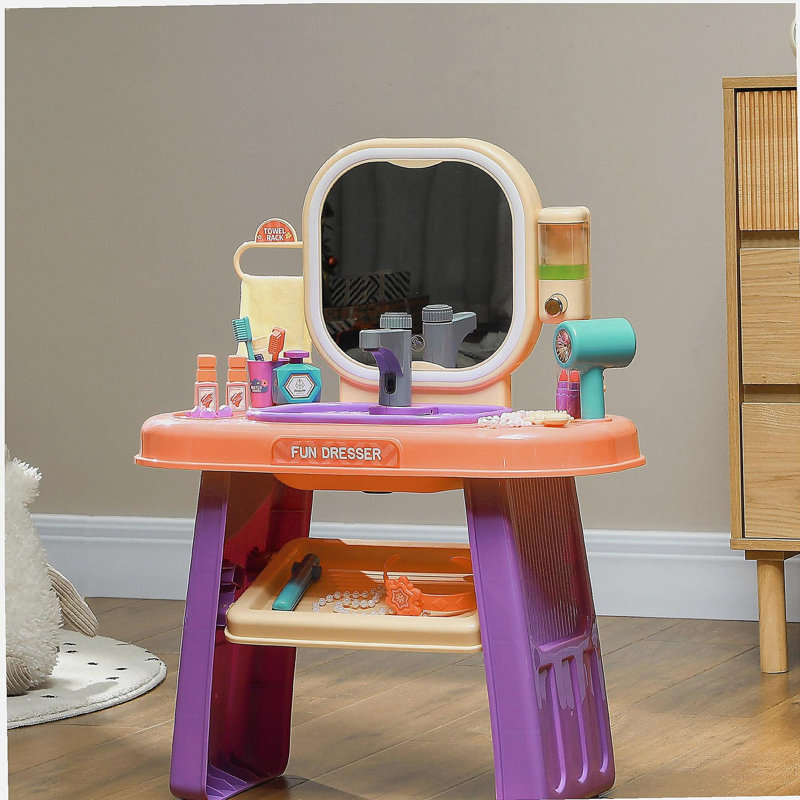 Qaba  Vanity Set, Toddler Makeup Table with Faucet, Mirror, LED Light, Music, 23 Accessories, Pretend Play Set for Girls 3-6 Years, Purple