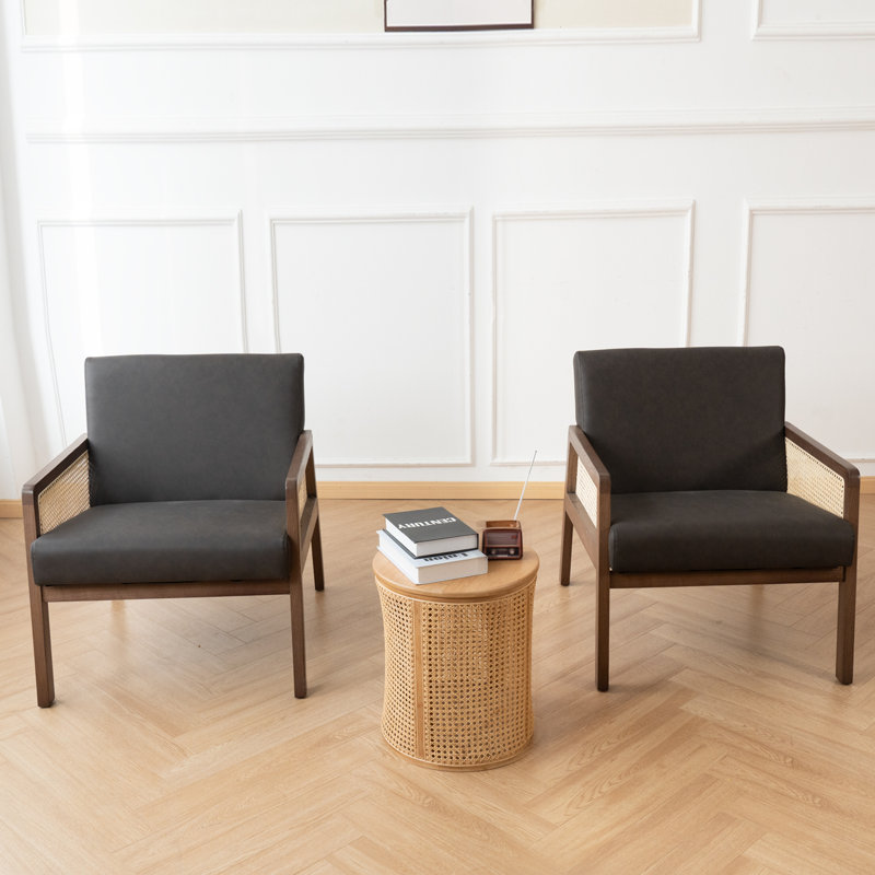 Chaise d'appoint rembourrée avec accoudoirs en maille de rotin, similicuir noir, Noir