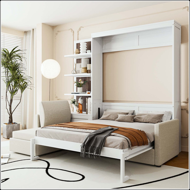 Grand lit escamotable avec canapé et tablettes, Blanc
