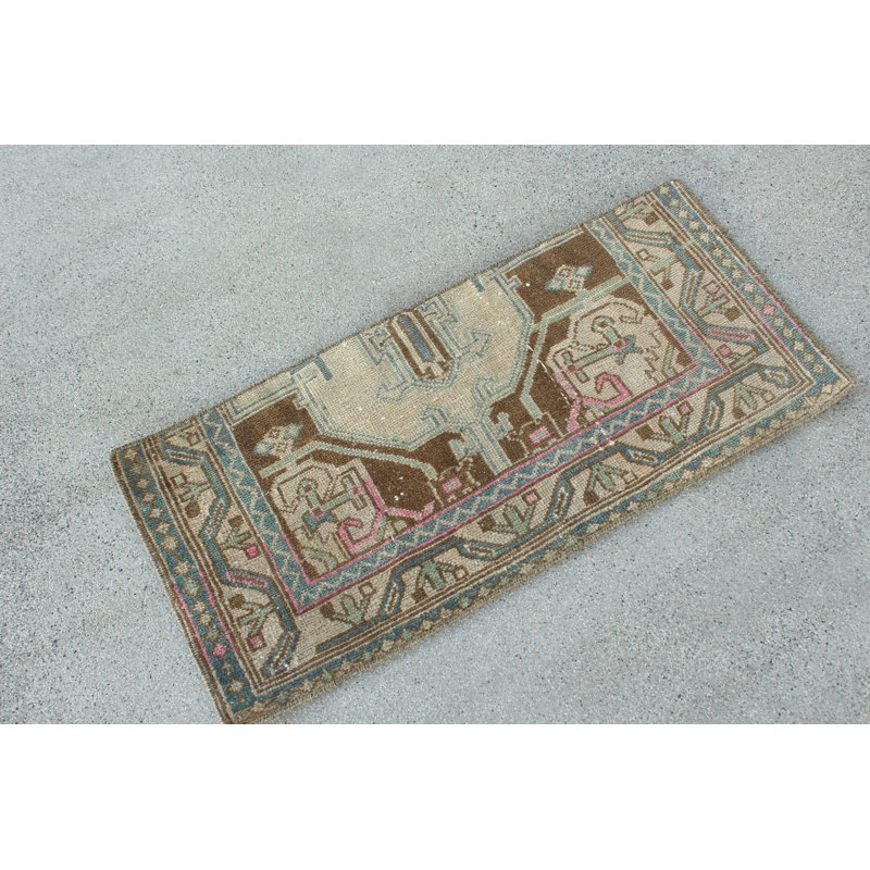 Handwoven Small Turkish Wool Rug in Unique Vintage Design and Vibrant Blue Ideal for Any Indoor Living Space