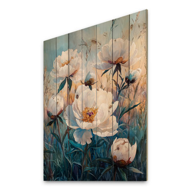 Pivoines dans le champ du matin I - Art mural en bois pivoines - sur bois de pin naturel