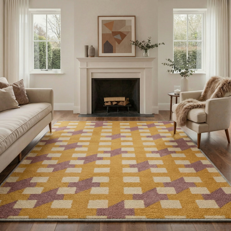 Tapis intérieur jaune / beige / mauve lavable à la machine avec envers antidérapant Abdellah, Rectangulaire 8 pi x 10 pi