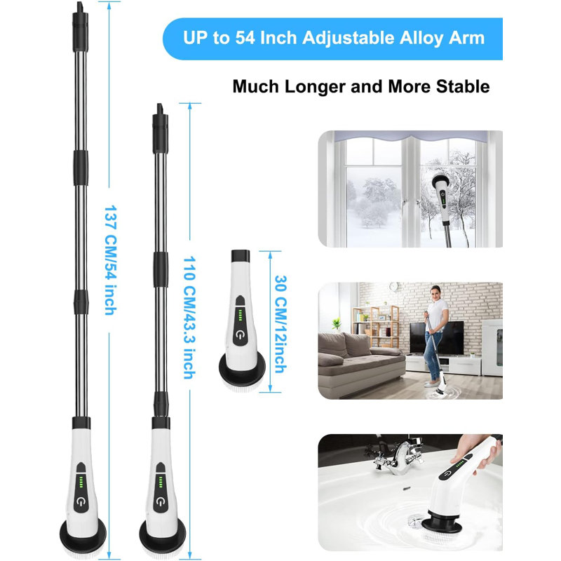 Autolaveuse électrique, brosse de nettoyage sans fil avec 7 têtes de brosse remplaçables, brosse de lavage pour la baignoire et le plancher 360 vitesses à double vitesse avec poignée réglable et détachable pour la cuisine de la salle de bain