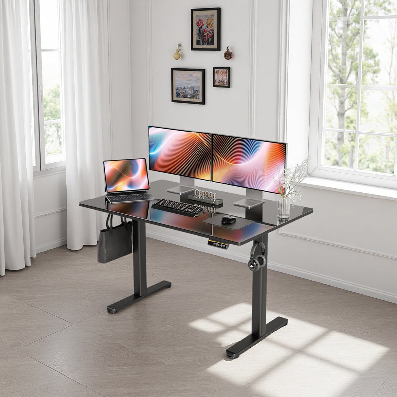 Bureau debout électrique en verre 48 pouces, hauteur réglable, bureau d'ordinateur à installation rapide, Noir
