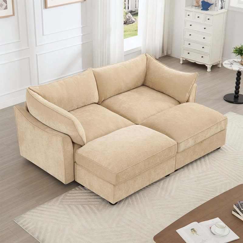 2-Seater Sofa With 2 Footstools and Pull Out Storage Drawer, 2, Wheat