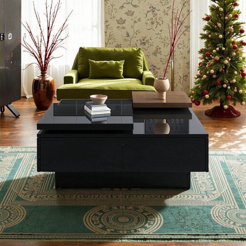 Table basse extensible carrée avec plateau mobile et 4 tiroirs cachés avec rangement en bois aggloméré de 31,5 à 40,9 po