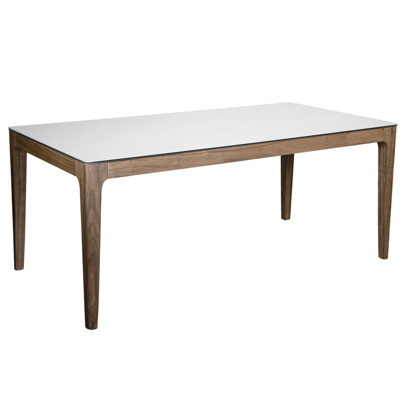 Table rectangulaire Haldis en verre céramique blanc et noyer, Blanc