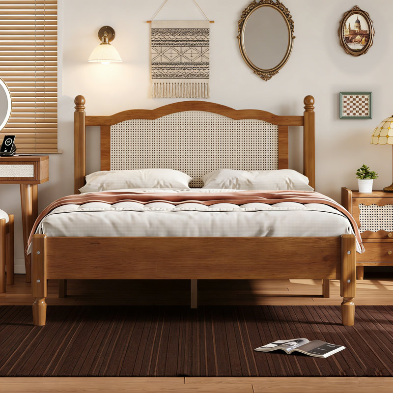 Mid Century Platform Bed with Rattan Headboard, Pine Wood Bed Frame with High Clearanc and Underbed Storage, Weight Capacity 400 lbs, No Box Spring Needed, Walnut, Full