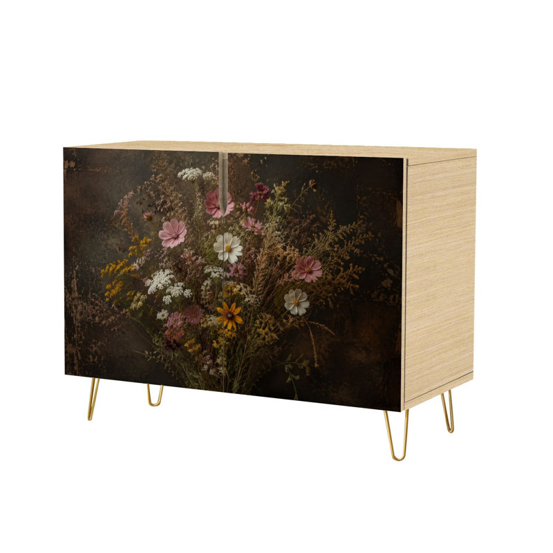 Buffet Buffet avec rangement Bouquet rustique fleurs sauvages contre rétro foncé avec 2 portes pour le salon et la cuisine