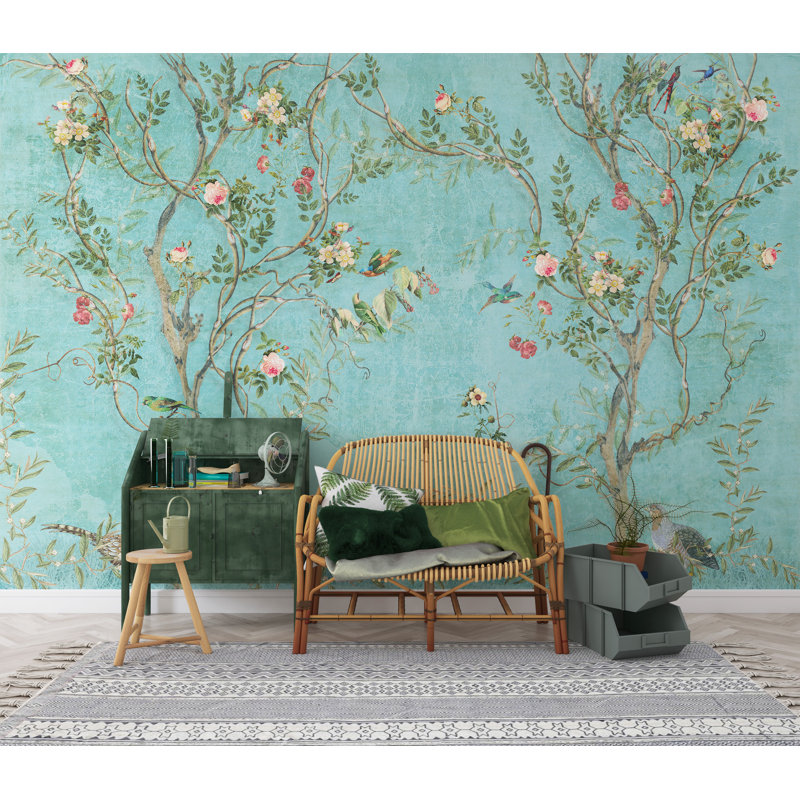 Papier peint floral sarcelle, L 115 po x l 225 po