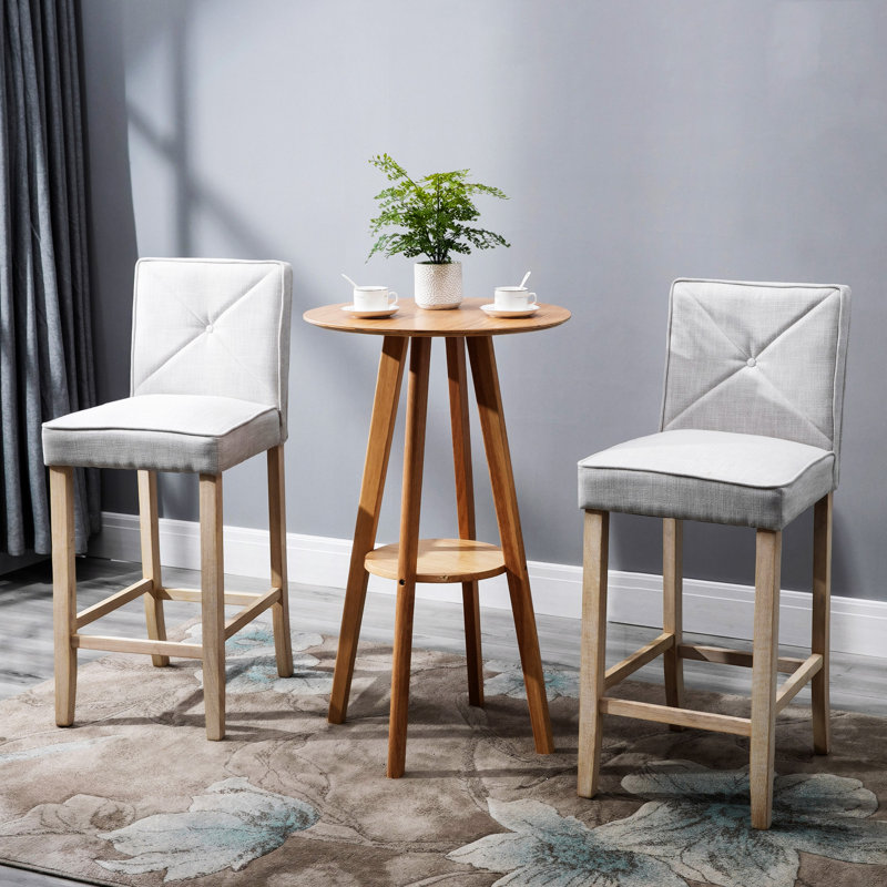 HOMCOM Modern Bar Stools Set Of 2, Upholstered Bar Height Kitchen Stools With Build-In Footrest, Solid Wood Legs, Beige