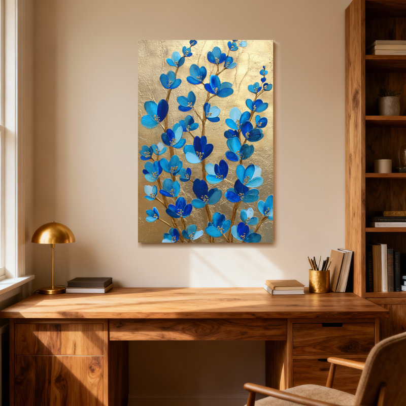 Plantes et fleurs, fleurs bleues sur fond doré