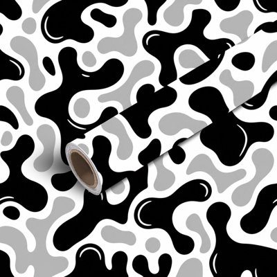 Papier de contact à peler et coller avec papier peint en peau de vache noir et blanc, imprimé animal abstrait abstrait auto-adhésif et amovible 17,7 po x 118 po (45 x 300 cm)