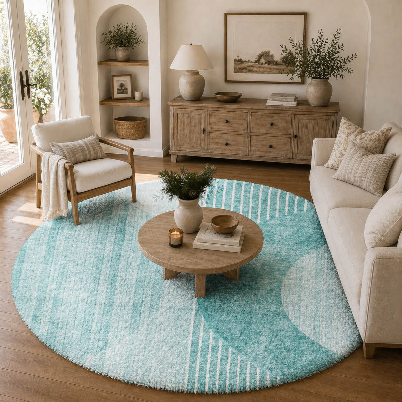 Tapis à poil long de qualité supérieure lavable à la machine ADS676, Sarcelle, Rond 8 pi