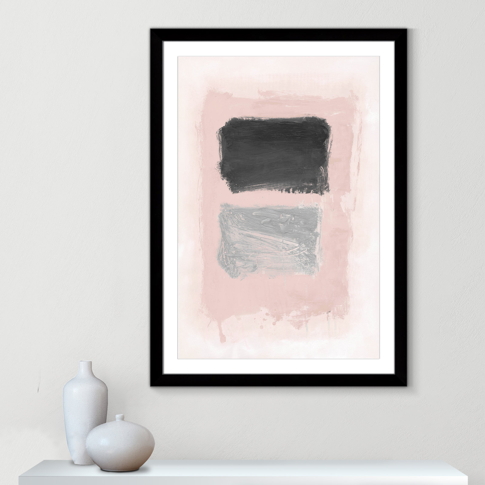 Vedaline "Pink, Black and Silver Shimmer I" Print, 43" H x 31" W x 1.25" D, Black Cube Frame Matted