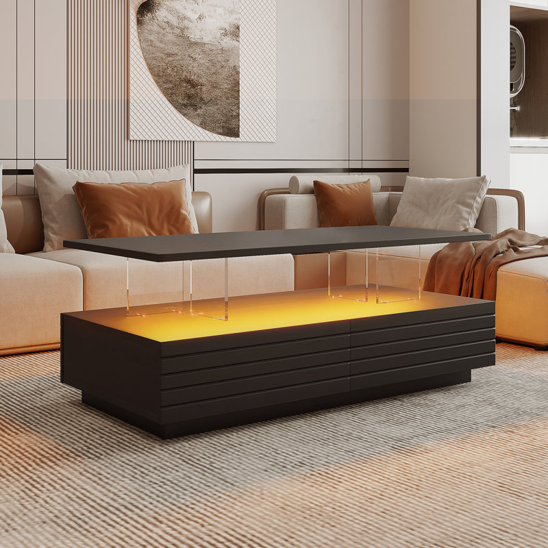 Rectangular LED Lights Coffee Table with 2 drawers, Black