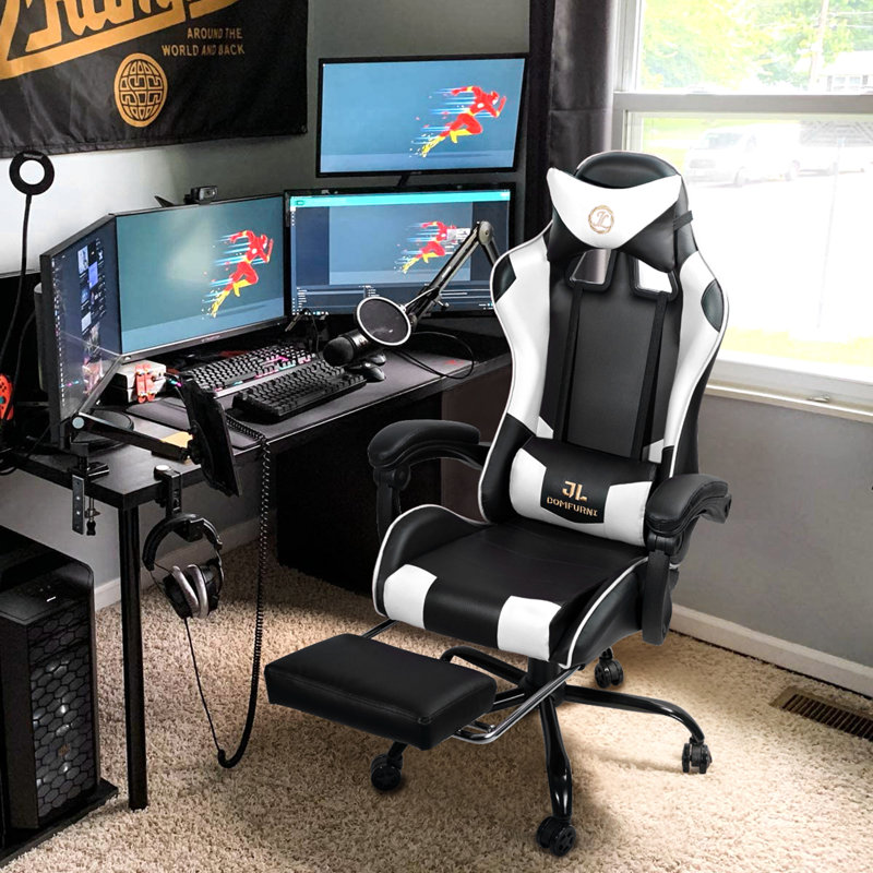Footrest Gaming Chair with Lumbar Pillow Massage Function, White/Black