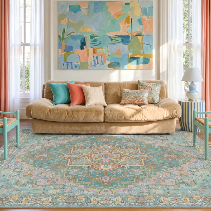 Tapis de salon bohémien marocain rétro antidérapant lavable, Rectangle 6 pi x 9 pi