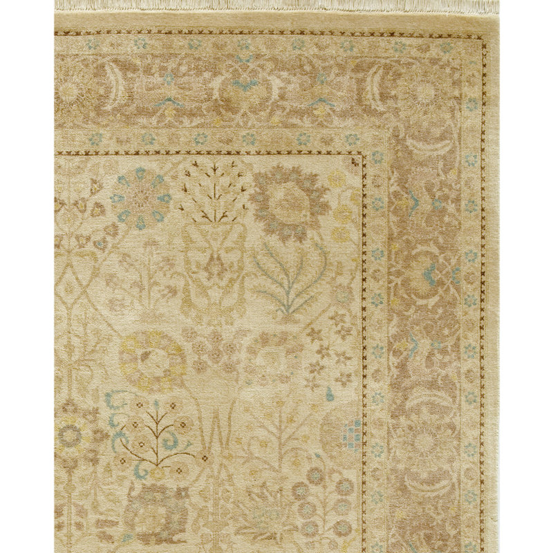 Tapis oriental rectangulaire en laine noué à la main ivoire / fauve, Rectangle de 10 pi x 14 pi