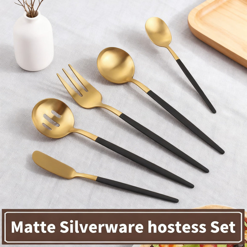 Ensemble 5 pièces de service d'hôtesse ronde en or noir mat, ustensiles de couverts en acier inoxydable avec finition satinée, cuillère de service lavable au lave-vaisselle, fourchette, couteau à beurre et cuillère à sucre