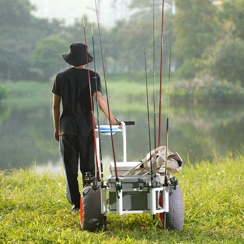 Heavy-Duty White Aluminum Beach Fishing Cart with Balloon Tires