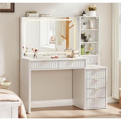 Bureau de coiffeuse avec miroir et lumières (sans chaise), coiffeuse de maquillage cannelée de 43,5 po avec 6 tiroirs et tablettes réglables, coiffeuse en bois avec plateau en verre et prise de courant pour la chambre à coucher