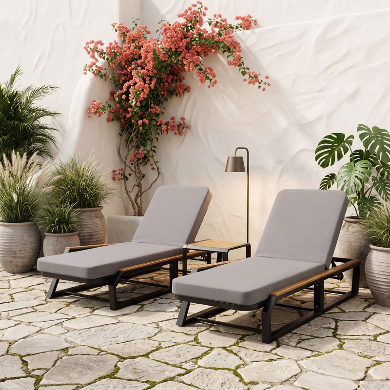 Ensemble de chaises longues d'extérieur avec coussins et table d'appoint, Black Grey Teak