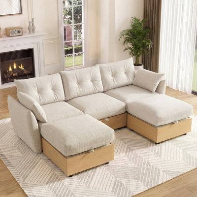 Canapé-lit modulaire en forme de U de 92,5 po avec rangement, canapé convertible avec méridienne réversible, canapé nuage à siège profond, canapé de salon rembourré beige avoine avec base en grain de bois