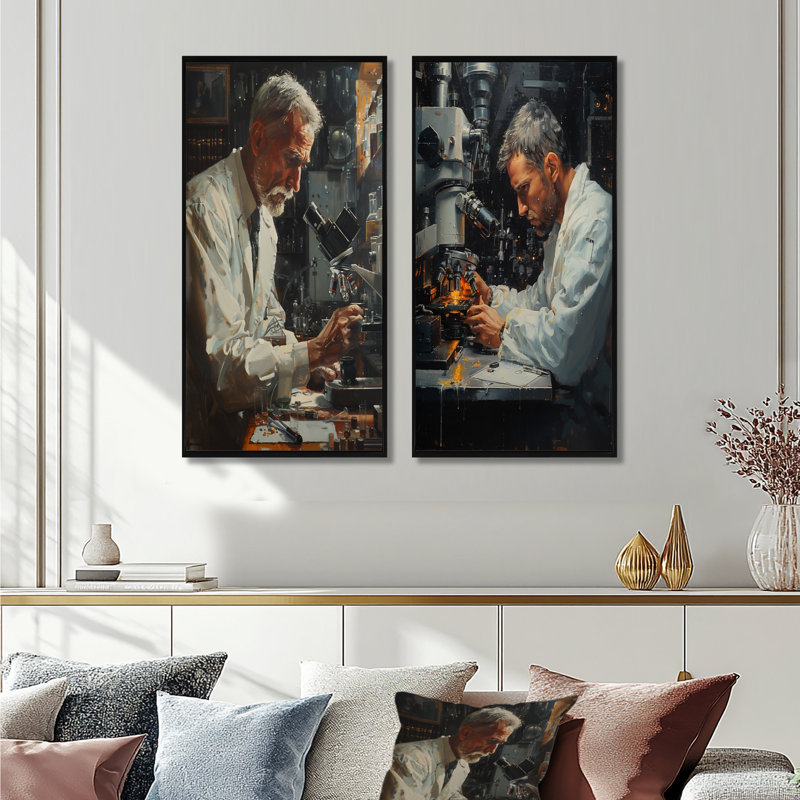 White Black Microscopic Scientific Laboratory I - Laboratories Wall Art 2 Pieces Set, 32" H x 32" W, Framed Print, Black