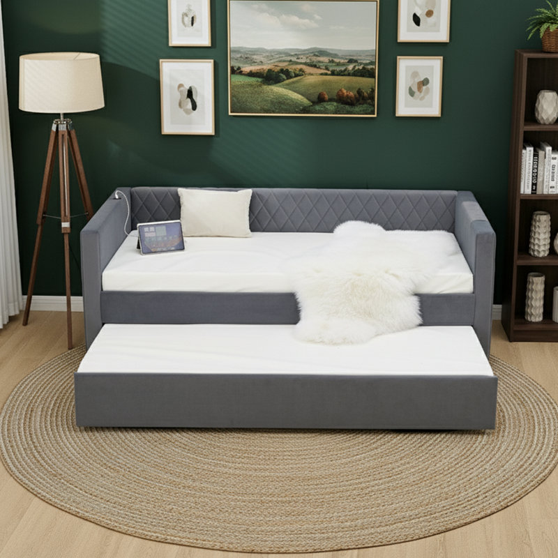 Lit de jour 83 po en velours de taille simple avec lit gigogne escamotable, canapé-lit moderne à motif de losanges avec capacité de 500 lb et support à lattes