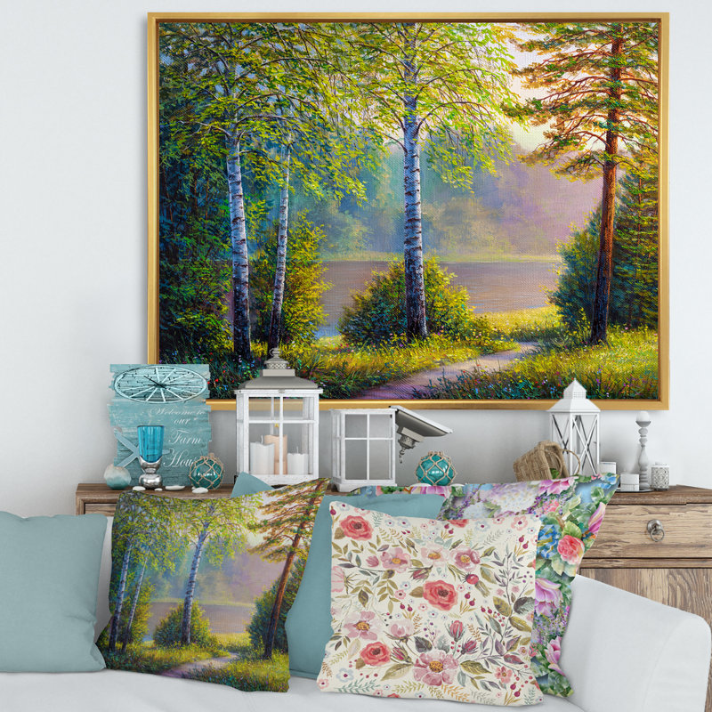 Lumière subtile du soir à travers les arbres I - peinture sur toile, Cadre flottant doré, H 12 po x l 20 po x p 1 po