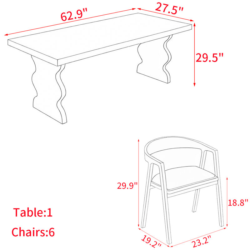 Modern simple solid wood dining table set., 29.5"H x 62.9"L x 27.5"W