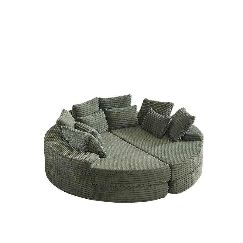 Boneless Modular Oversized Convertible Round Corduroy Sofa Bed with 10 Pillows, Green