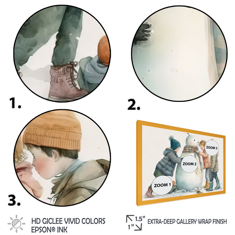 «Kids Building a Huge Snowman IV», peinture sur toile, H 30 po x l 40 po x P 1,5 po, Impression dorée sur toile encadrée
