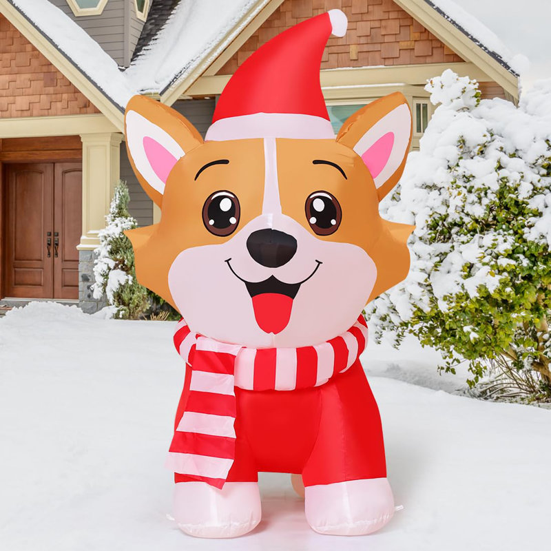 Chien Corgi gonflable de 4 pi avec chapeau à DEL et lumières DEL intégrées