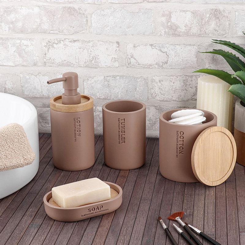 Accessoires de salle de bain avec accents naturels, ensemble moderne 6 pièces, Cappuccino