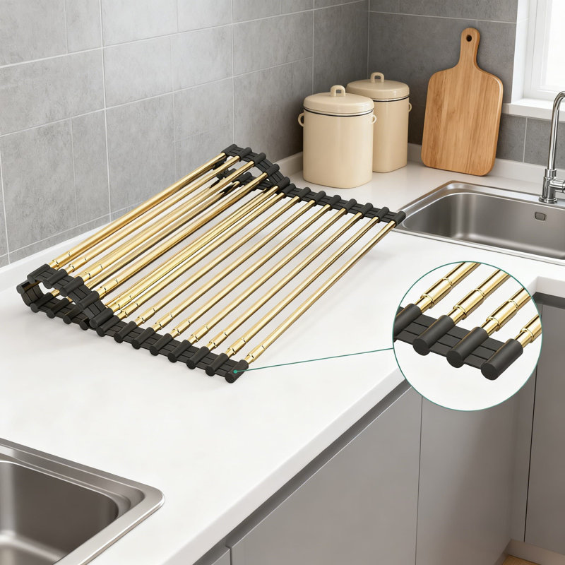 Séchoir à vaisselle extensible avec tapis en silicone résistant à la chaleur, égouttoir rétractable pour éviers en acier inoxydable, conception roulante antidérapante pour le rangement et l'isolation du comptoir