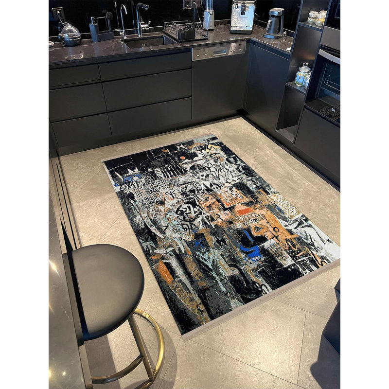 Tapis décoratif moderne à motif tissé noir Barcelona Collection, Rectangle 3 pi 11,24 po x 5 pi 10,87 po