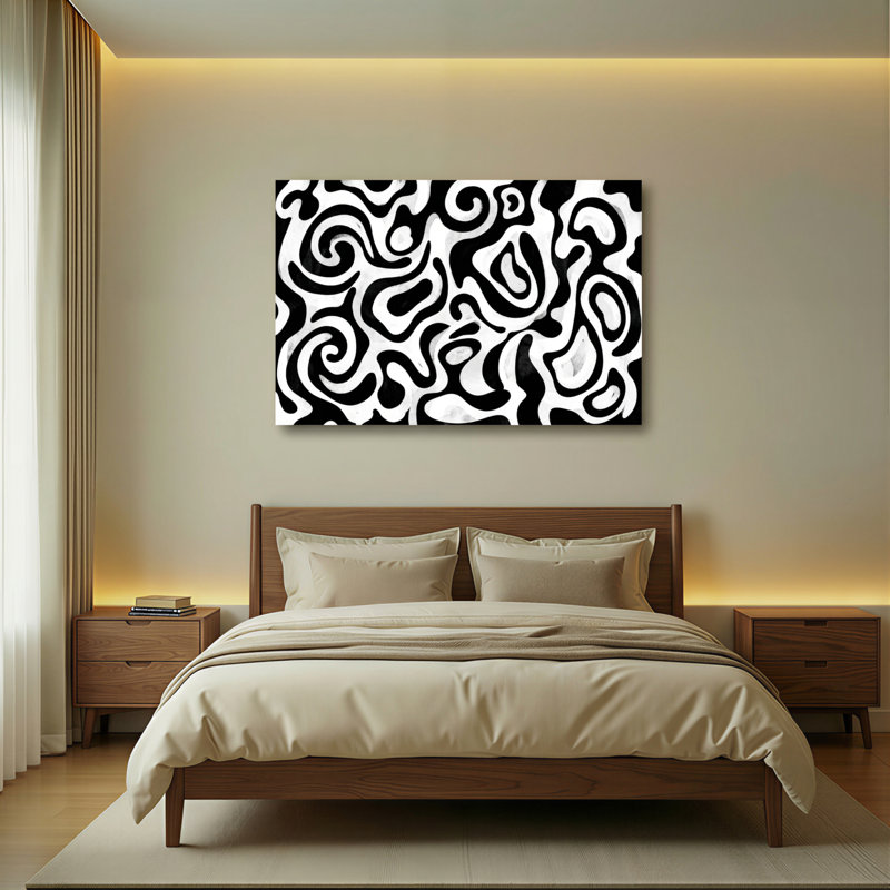 Ensemble de 1 tableau sur toile à motif tourbillonnant noir et blanc abstrait, H 24 po x l 36 po
