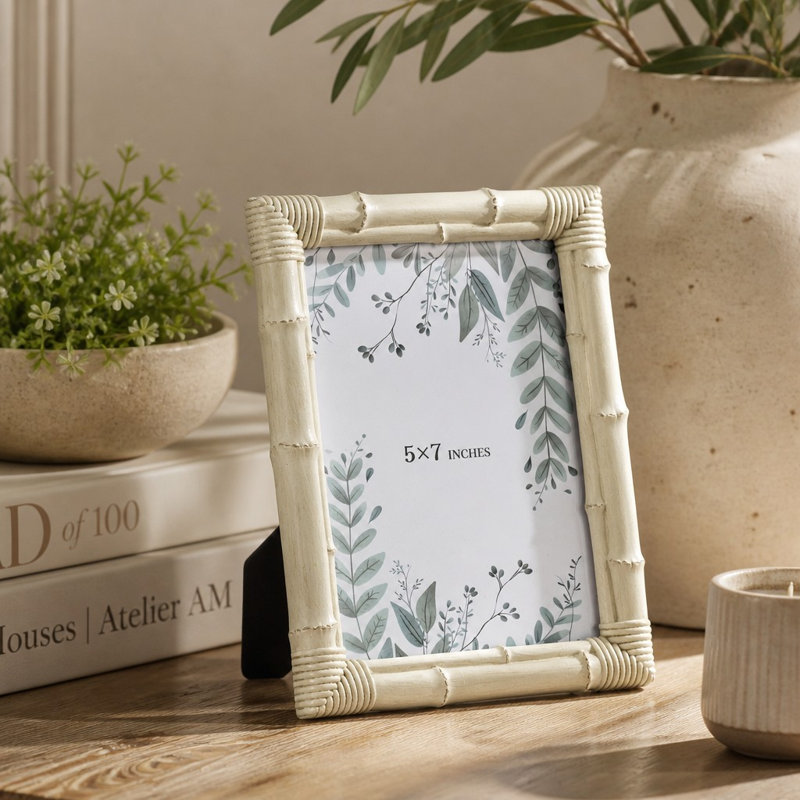 5X7 Bamboo Picture Frame, Textured Resin Photo Frame With Glass Front, For Tabletop Or Wall Display, White, 5'' W x 7'' H