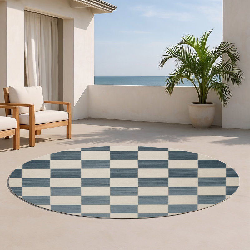 Tapis d'intérieur et d'extérieur à carreaux beige, Rond 5 pi