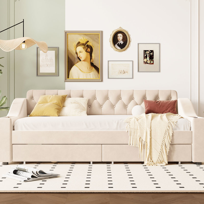 Lit de jour simple avec rangement pour port et accoudoirs beige, Beige