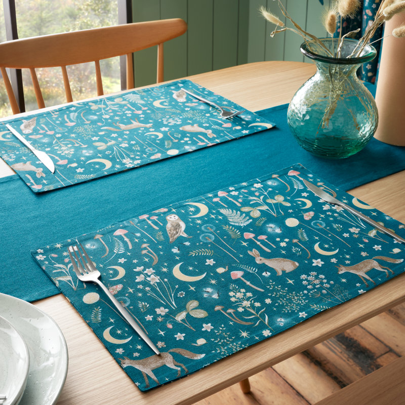 Enchanted Twilight Animals Cotton Dining Placemat 4 Pack, Green