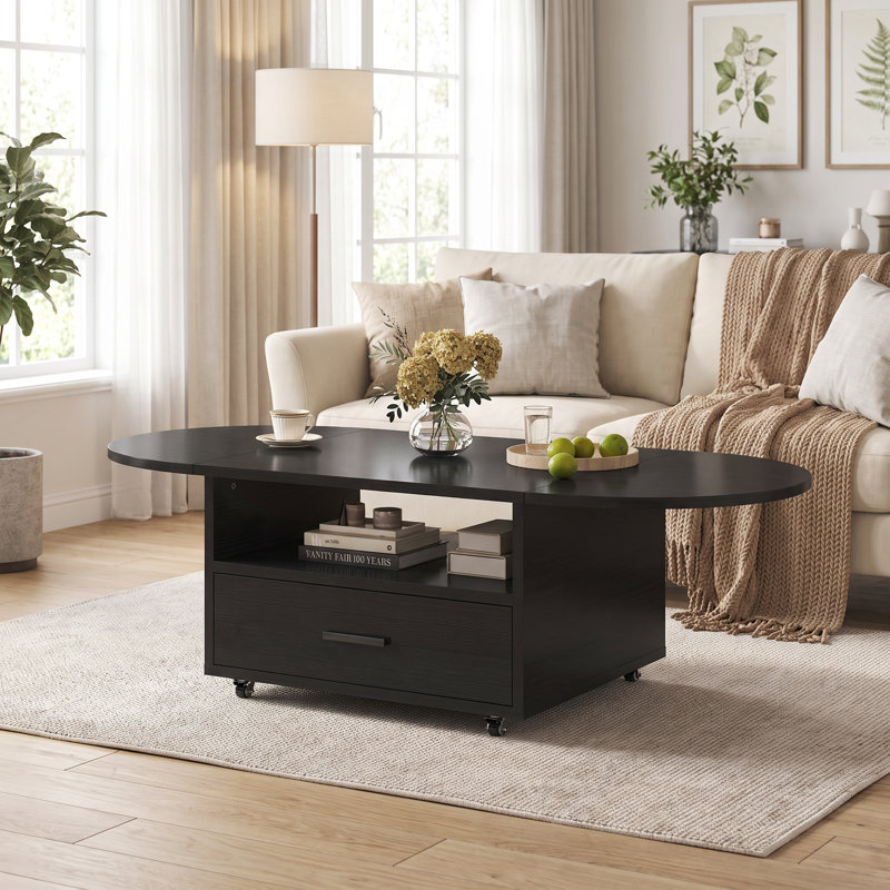 Table basse ovale pliante de 120 cm avec tiroir, tablette de rangement ouverte et roulettes verrouillables, Chêne noir