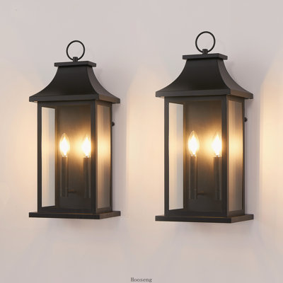 Set of 2 22.2 Inch Dusk to Dawn Outdoor Wall Lantern, 2-Light Large Black Sconce with Glass