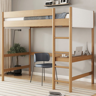 Twin Size Loft Bed With Desk, Upholstered Frame, Ladder, Safety Guardrails, Teddy Fleece Fabric Headboard And Footboard