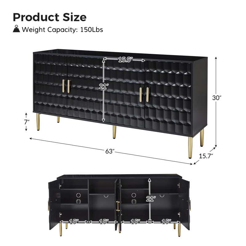 Silken Modern Sideboard Cabinet Door  with Adjustable Shelves, Black