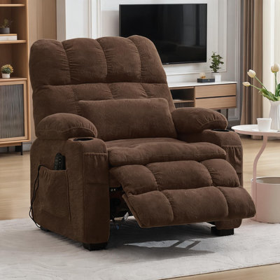 Oversized Power Recliner Massage & Heat, 25.6" Wide Big & Tall Chair USB Port & Lumbar Pillow, Brown