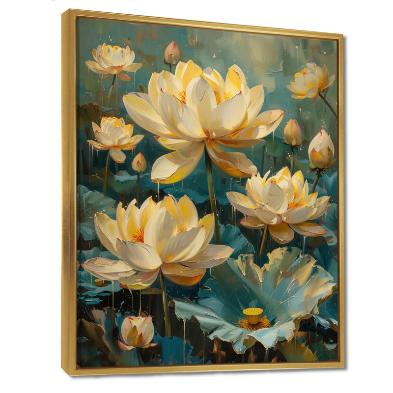 Décoration murale de jardins de lotus blanc et vert II, Cadre flottant doré, H 16 po x l 32 po